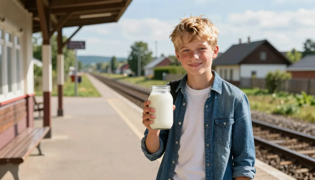 A joyful 13-year-old boy with golden hair standing at a sunn...