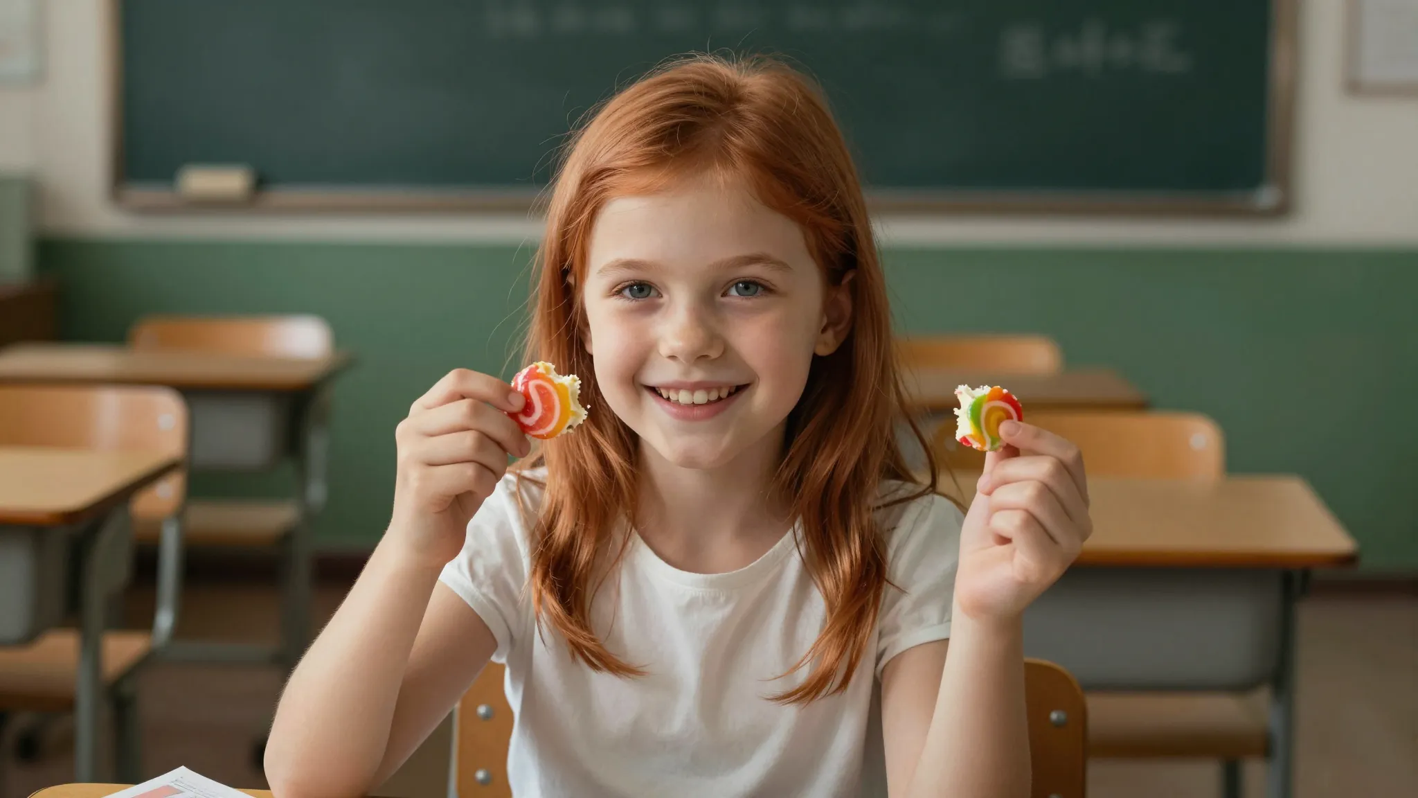 A young girl with a simple face and copper hair, smiling gen...