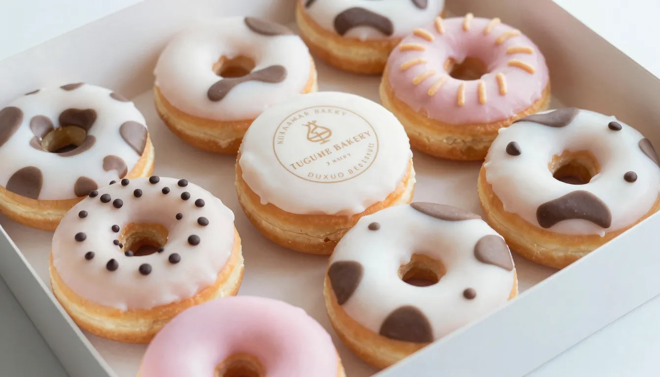 Close-up of a premium donut box with a stylish pastel cow pa...