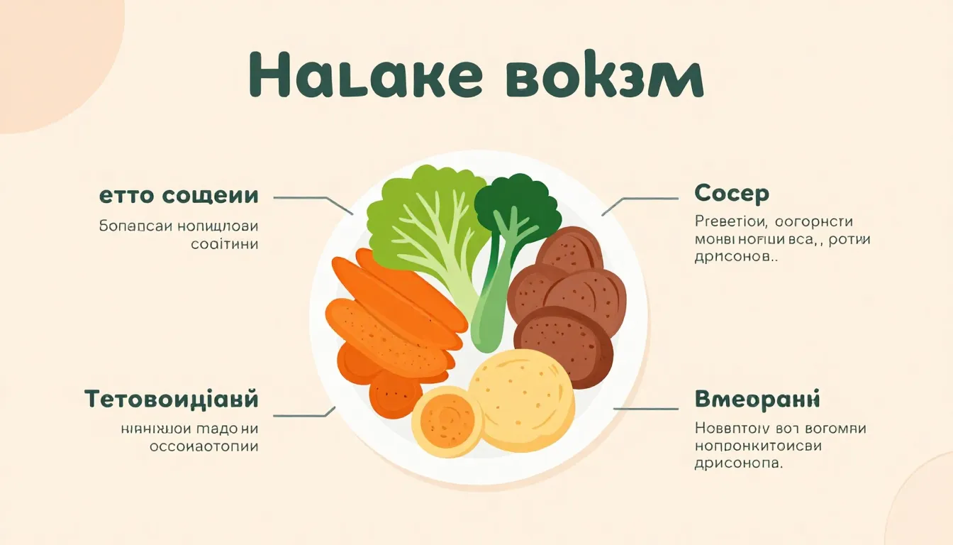 Infographic style image showing a balanced meal plate with c...