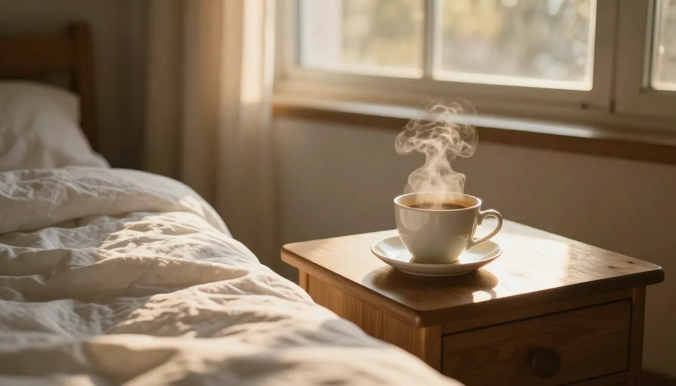 A cozy sunlit bedroom in the morning, soft golden sunlight s...