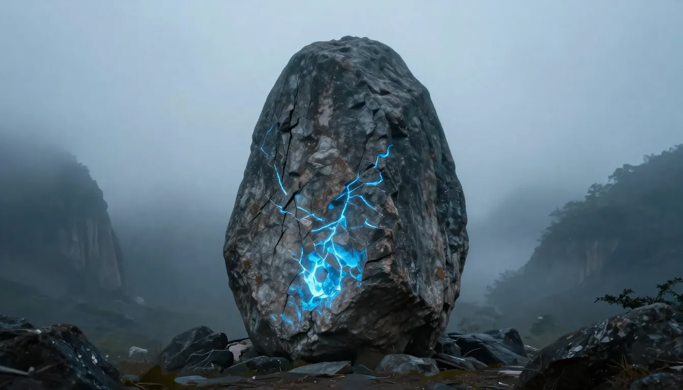 A massive ancient monolith stone in the middle of a misty mo...