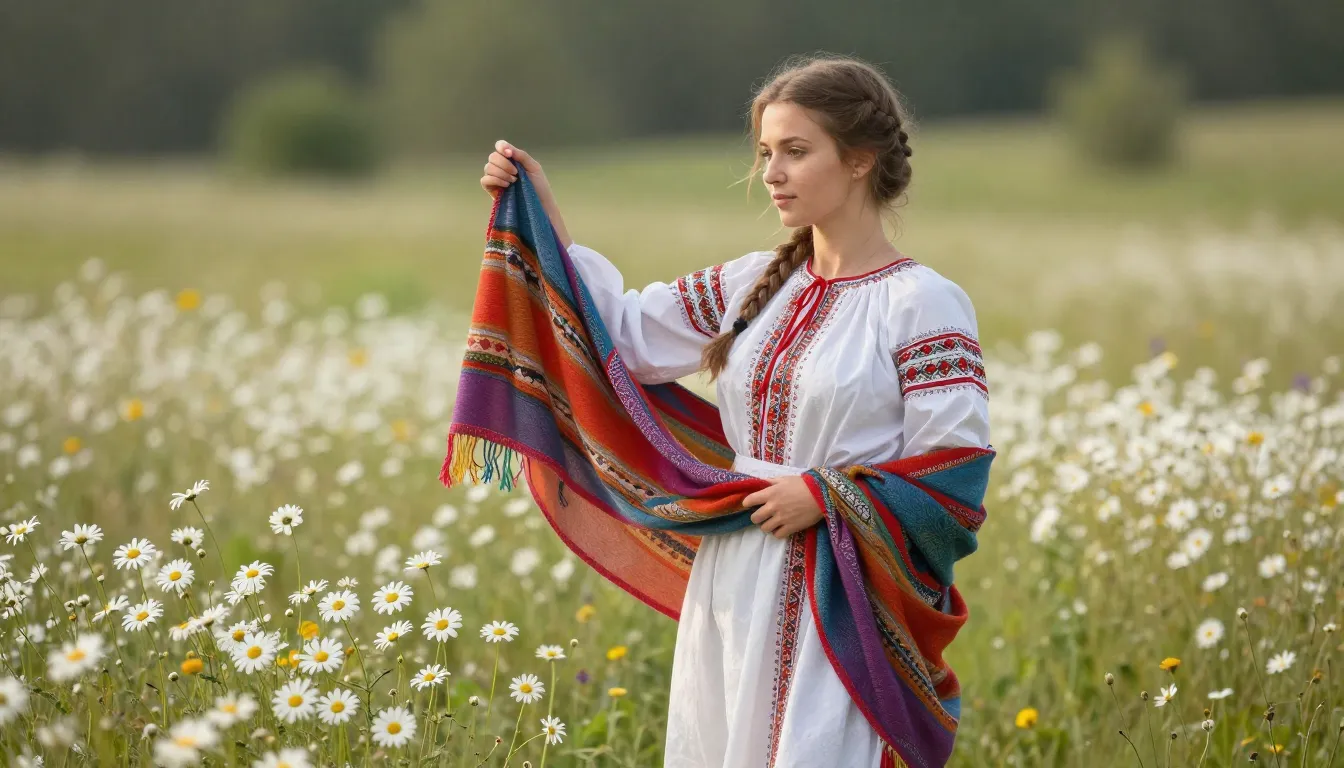 A beautiful Russian girl in a traditional folk dress standin...
