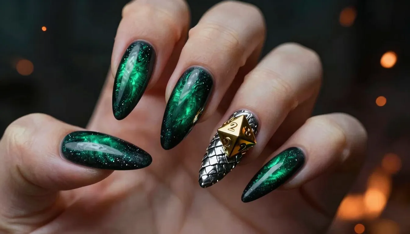 Extreme close-up of artistic manicure inspired by Dungeons a...