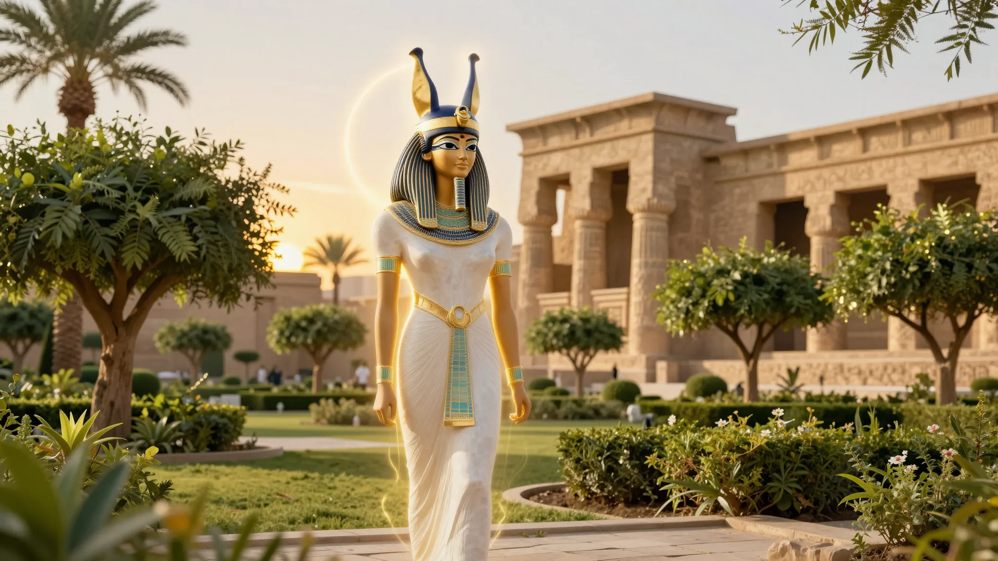 Ancient Egyptian queen with divine glowing aura, standing in...