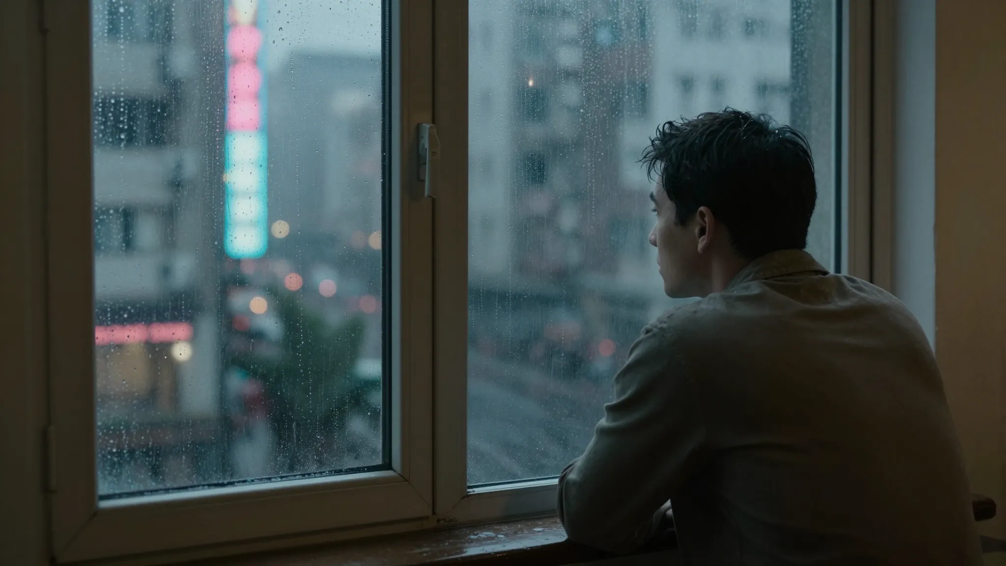 A nostalgic cinematic shot of a lonely man looking at a rain...