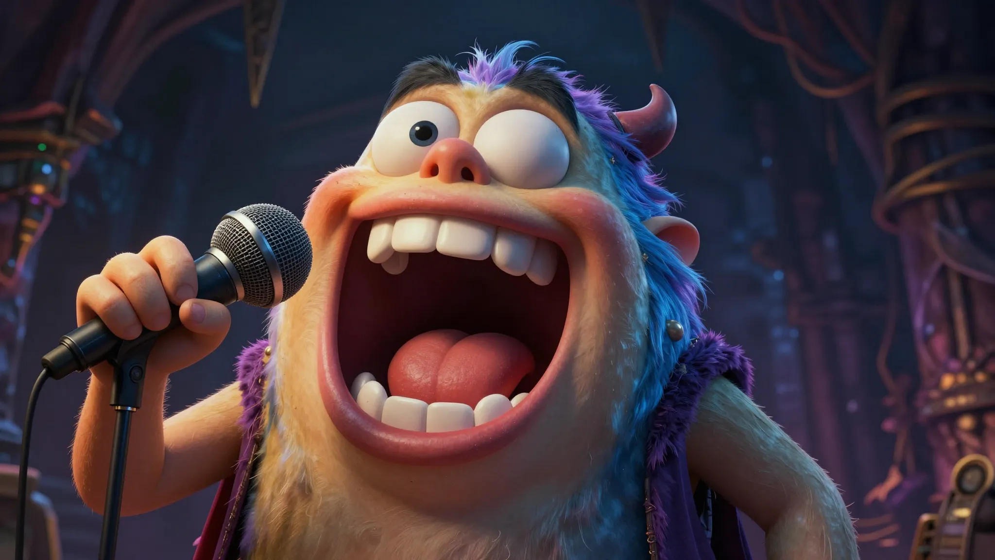 A funny cartoon monster with a huge mouth holding a micropho...