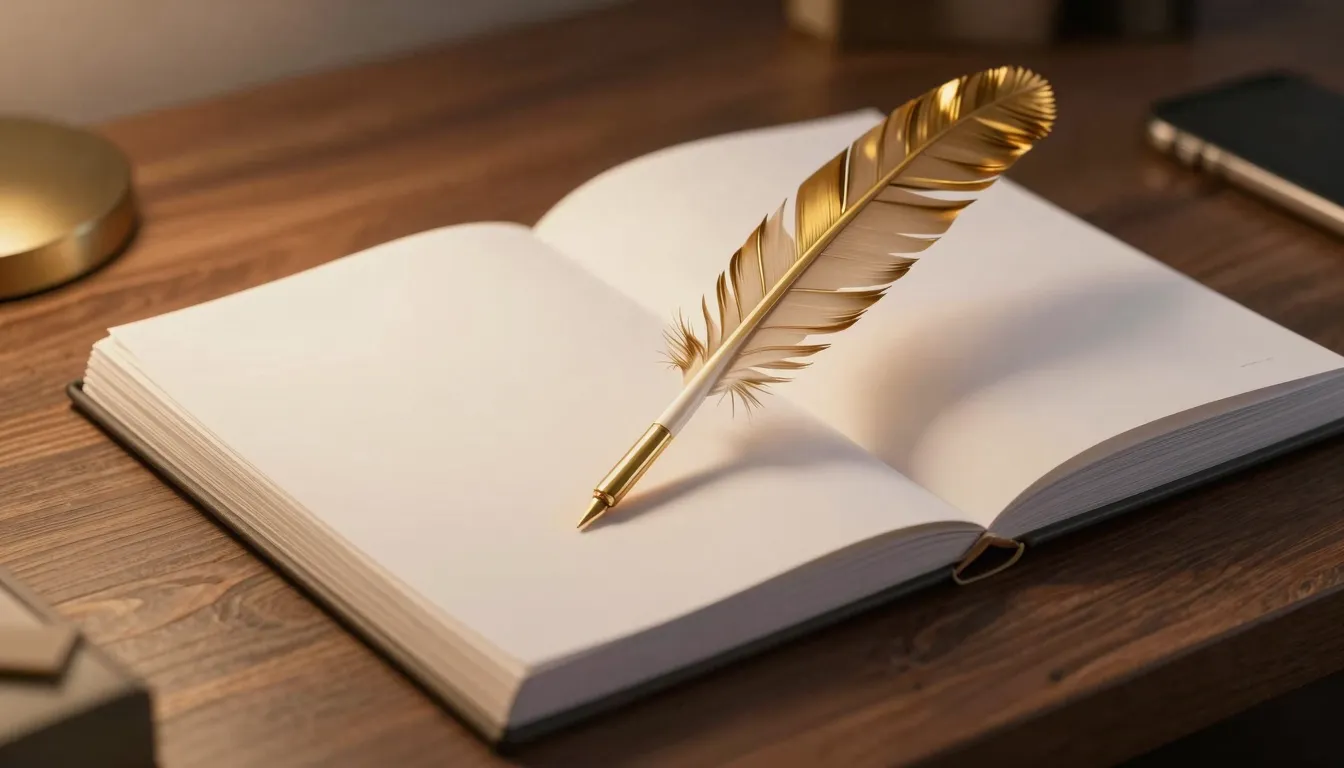 A stylish and professional writing desk with a golden quill,...