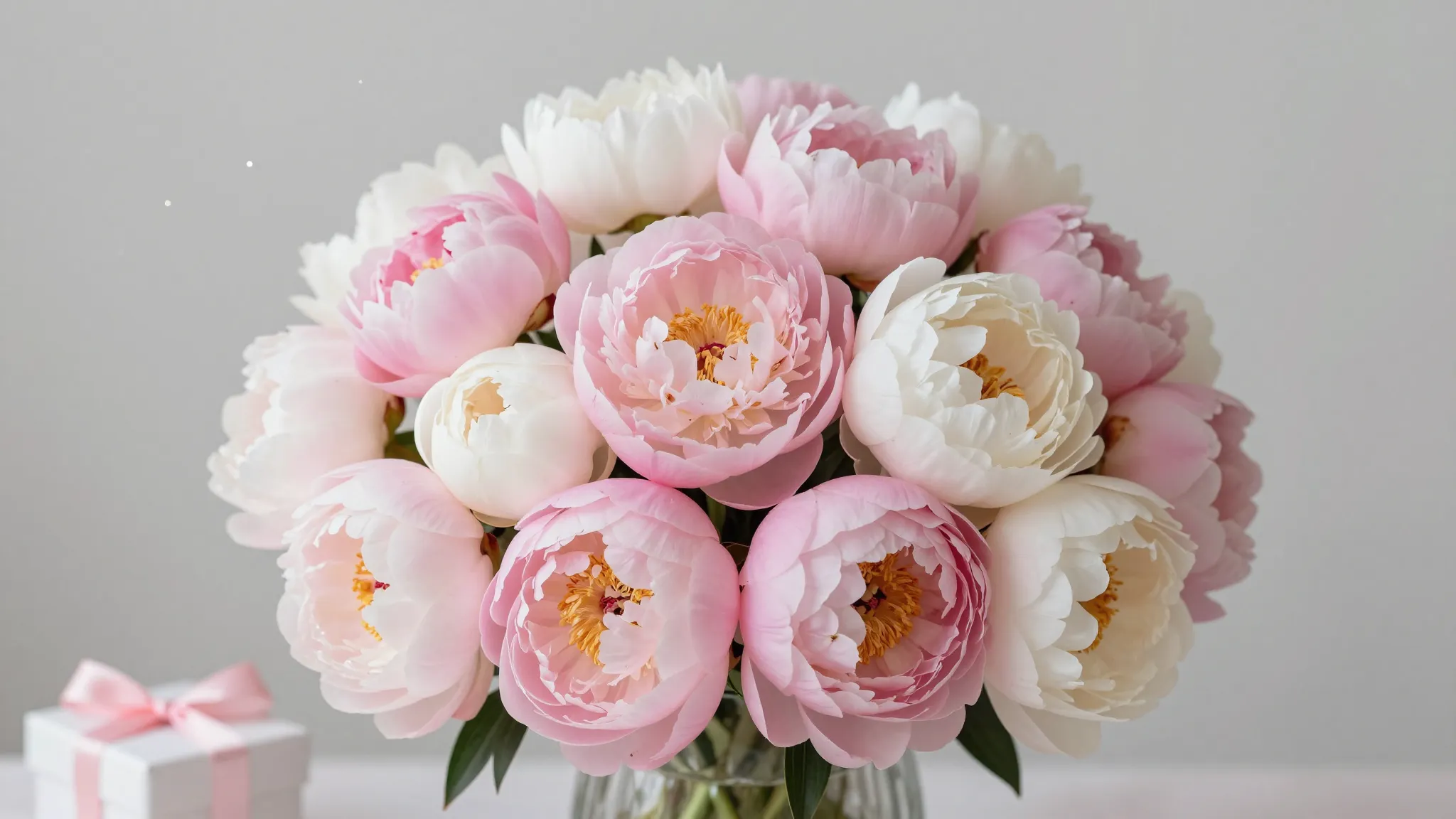 A beautiful bouquet of pink and white peonies, a gift box, a...