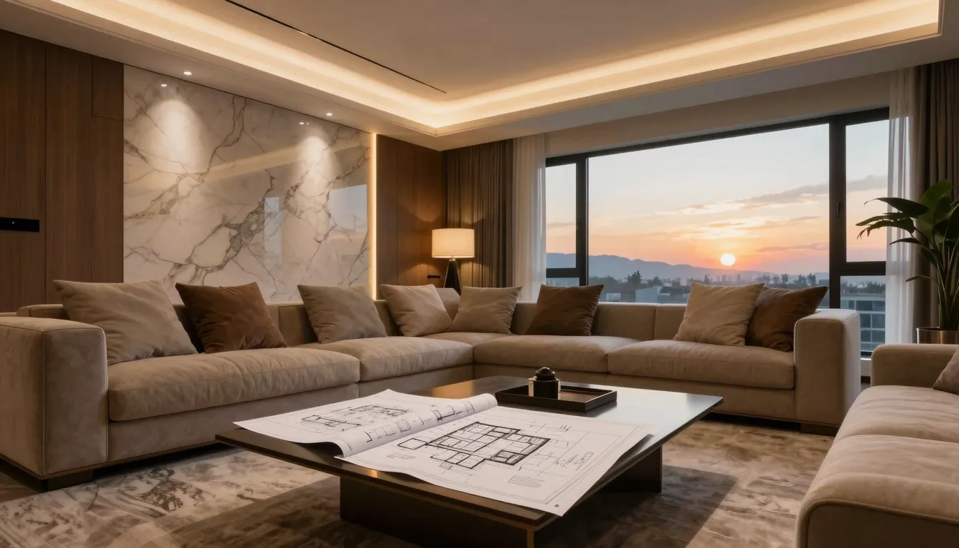 Luxury modern living room interior, warm ambient lighting, h...