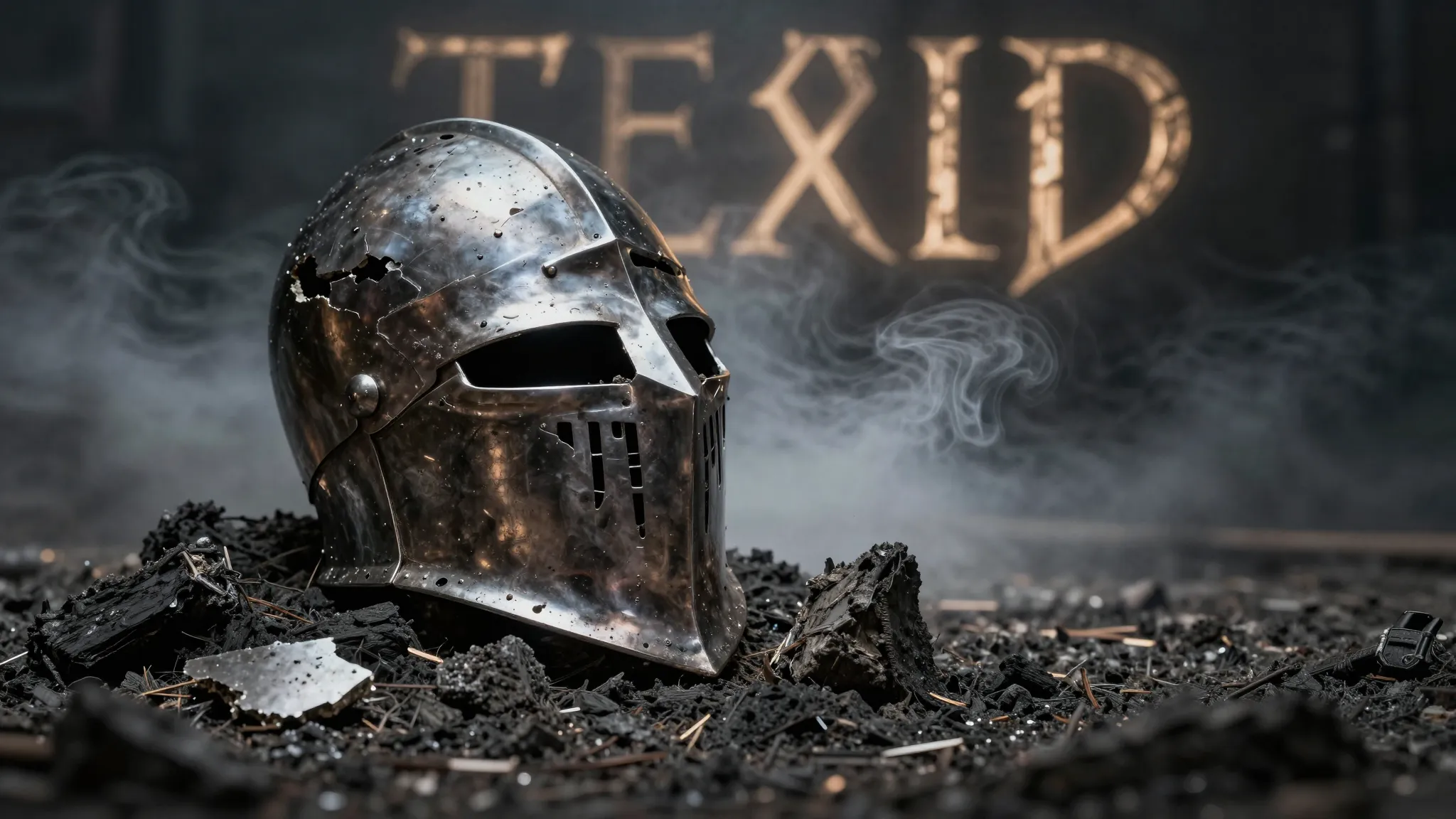 A dark fantasy rock album cover, a broken knight's helmet on...