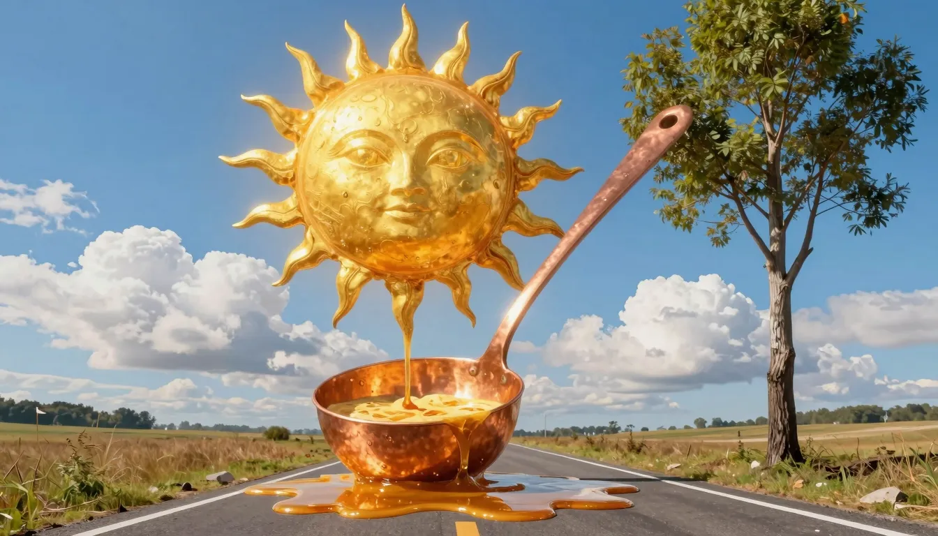 Surreal digital art style. A giant golden sun in the sky sha...