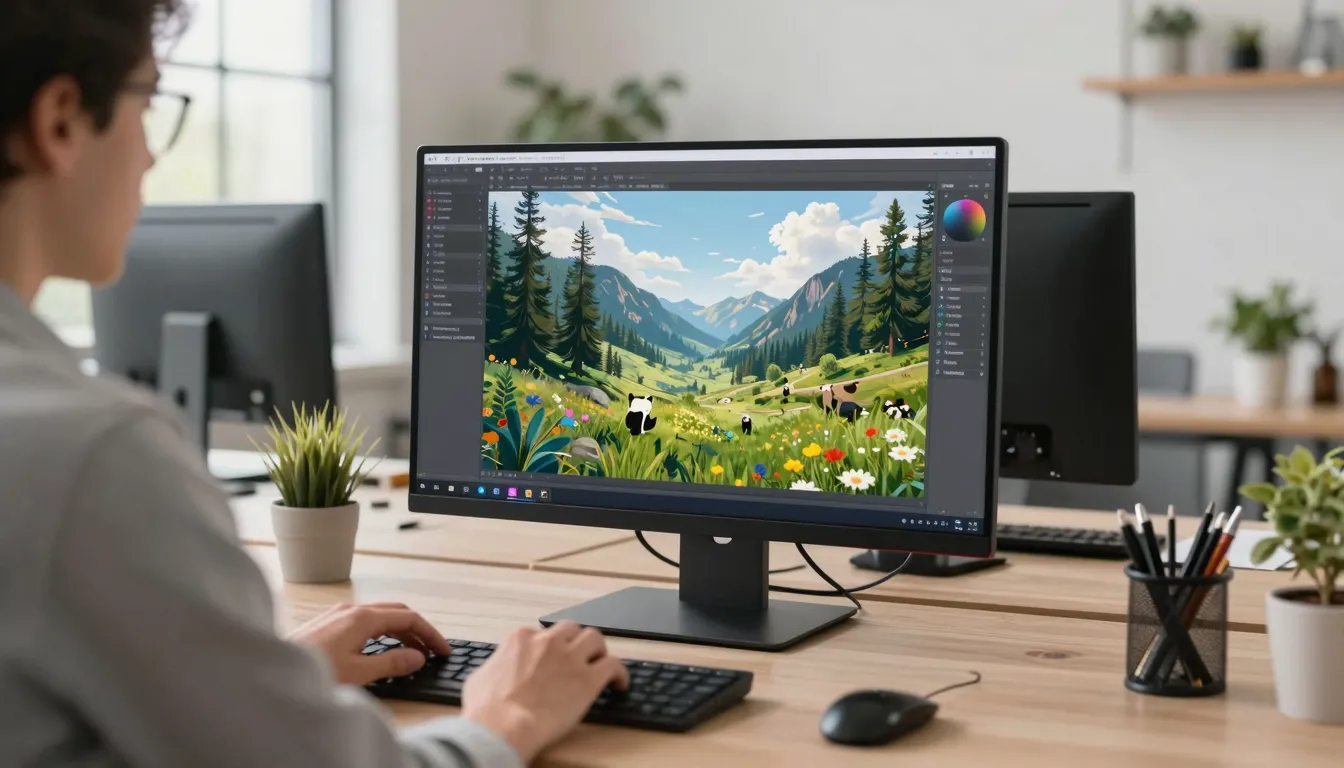 A modern, accessible workspace where a person is using AI so...