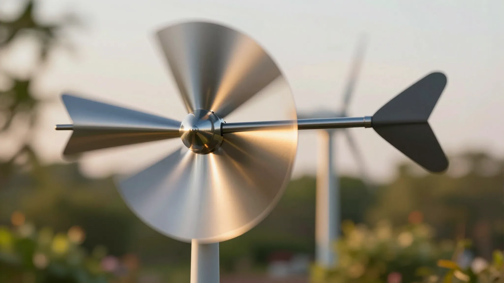 Cinematic shot of a spiral wind turbine weather vane, polish...