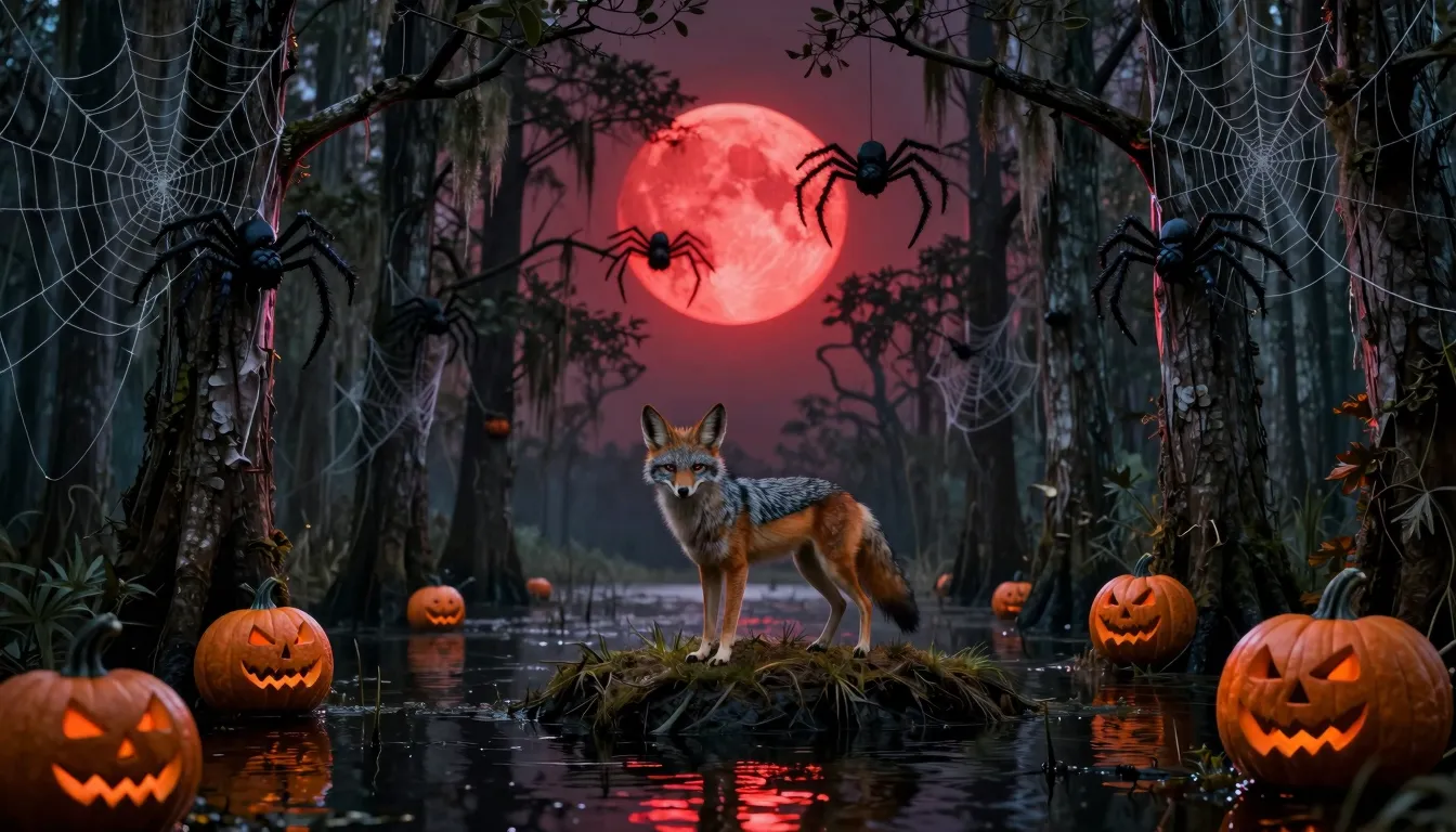 Dark fantasy art, a coyote on a swamp mound, glowing red moo...