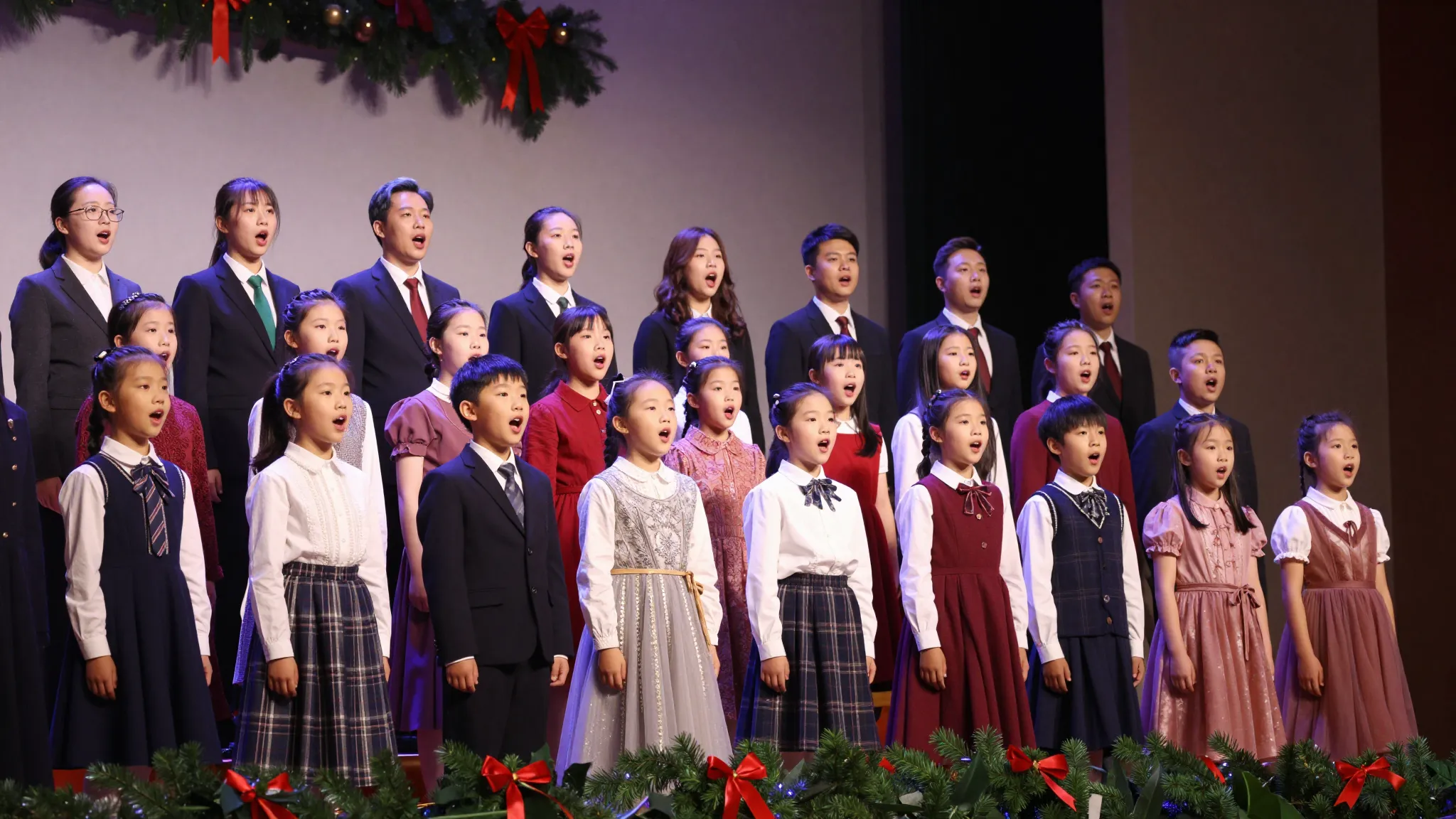 A choir of children and adults in formal attire singing on a...