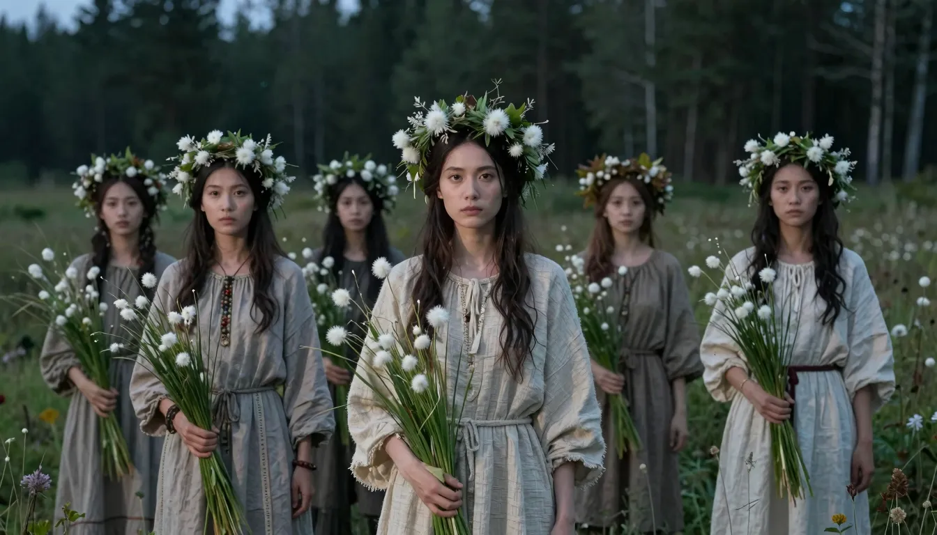 Group of women in ethno-reconstruction style, wearing crowns...