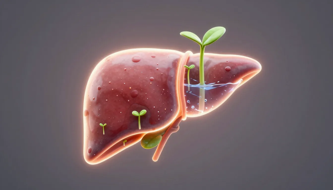 A conceptual 3D render of a glowing human liver being nouris...