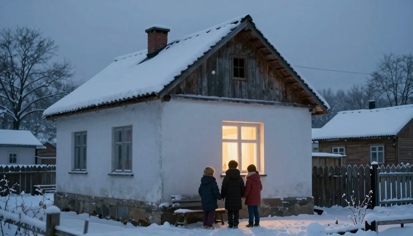 A realistic and emotional photo of a small rural house in wi...