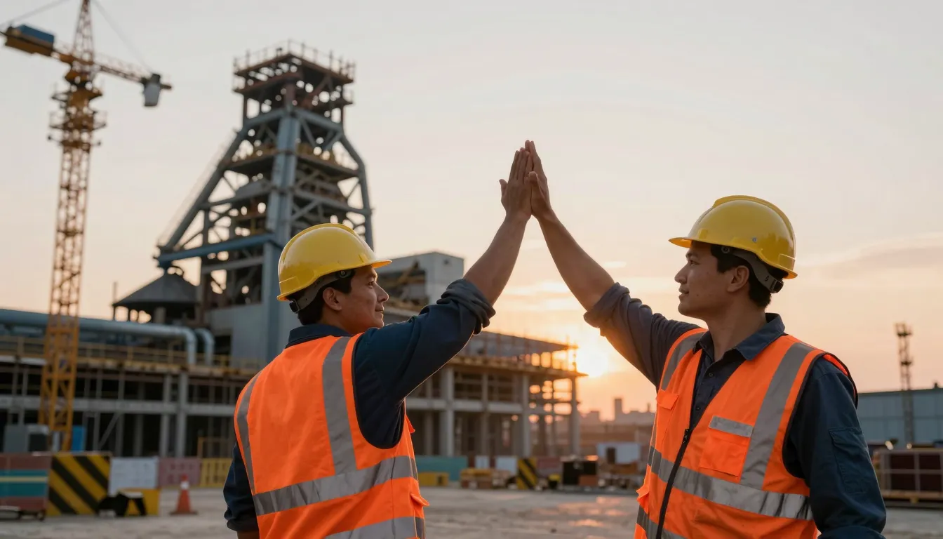 Strong construction workers in orange vests high-fiving in f...