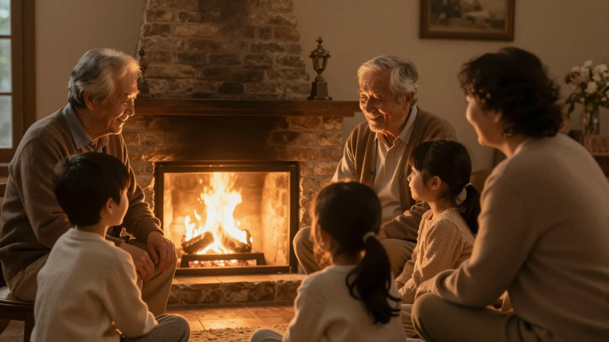 A warm and cozy family gathering around a glowing hearth, so...