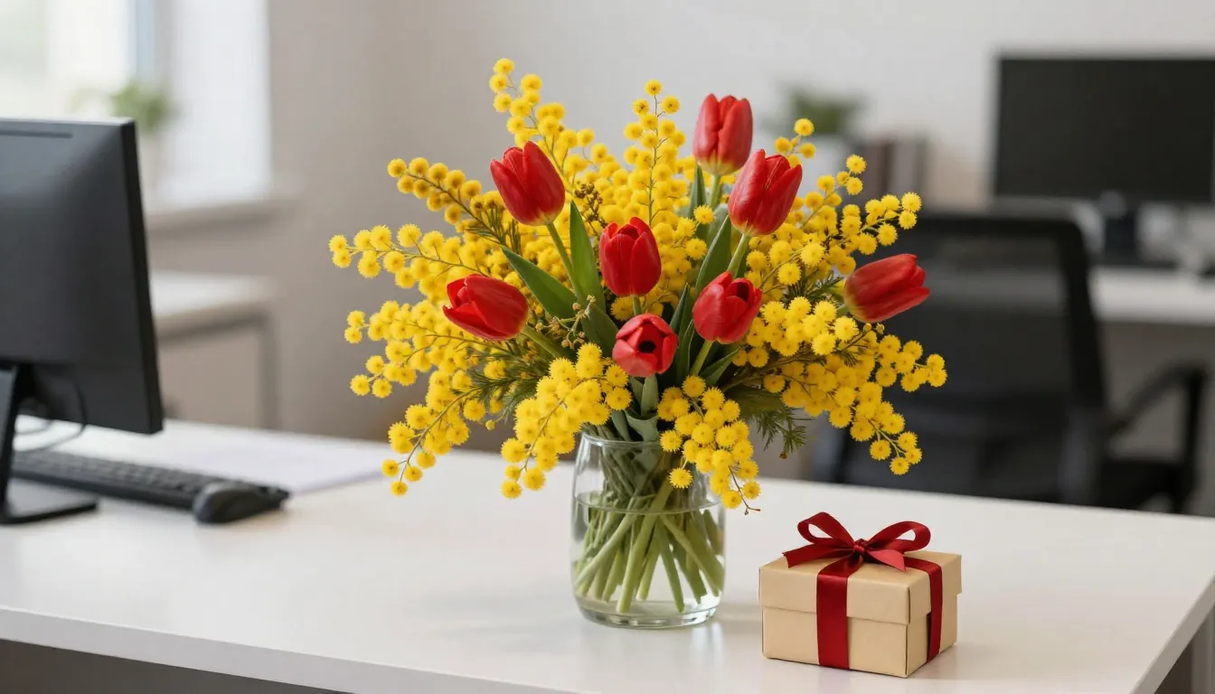 A beautiful bouquet of yellow mimosas and red tulips on a cl...