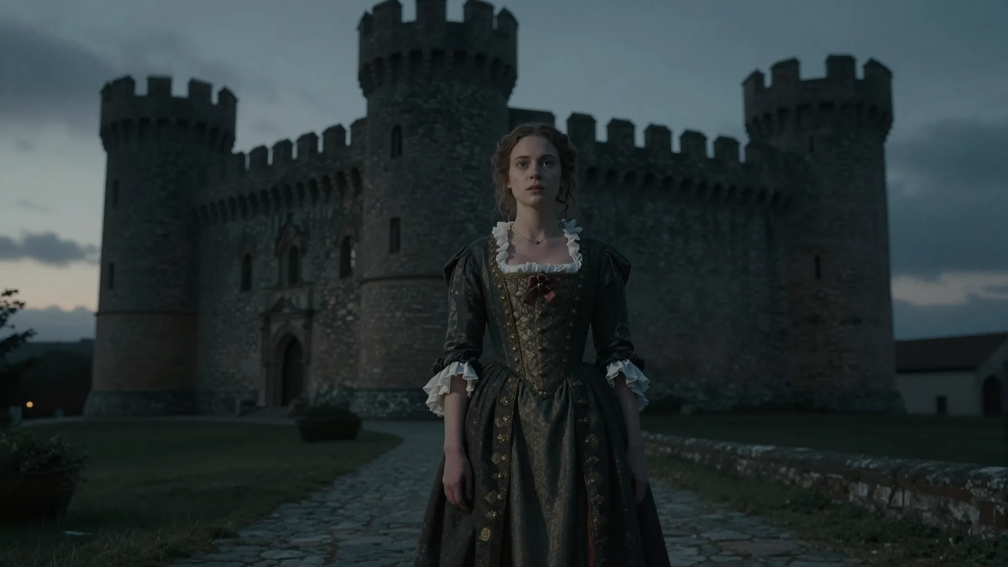 Cinematic shot of a young woman in a 17th-century Spanish dr...