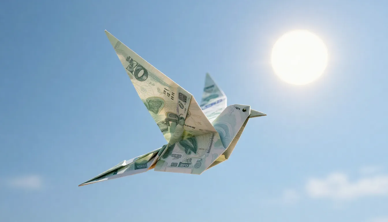 An elegant origami bird crafted from a crisp banknote, soari...