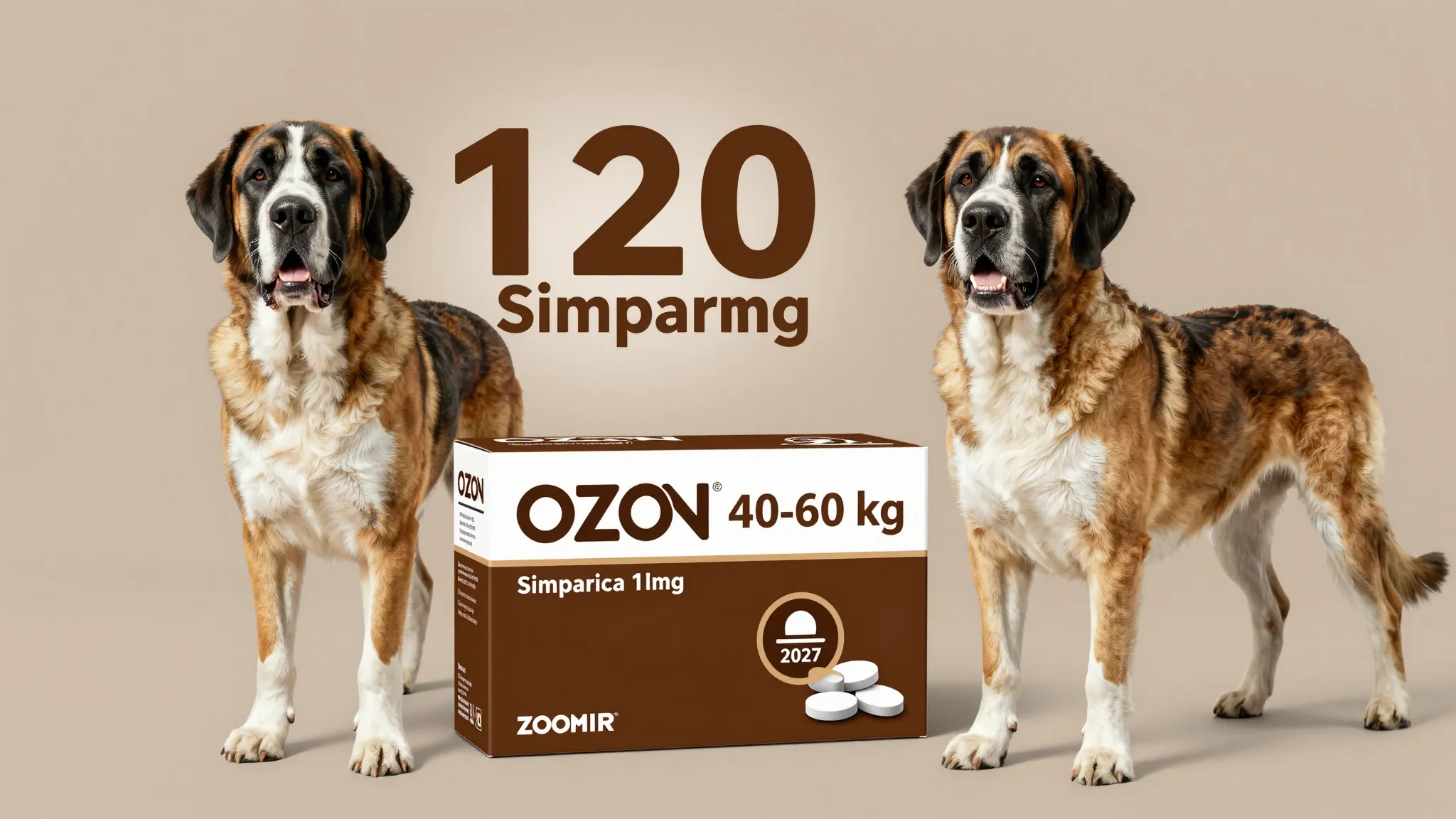 Infographic for Ozon, Simparica 120mg for dogs 40-60kg. Brow...