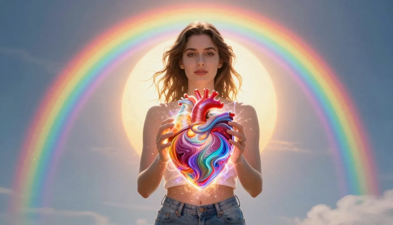 A beautiful woman standing in front of a massive glowing rai...