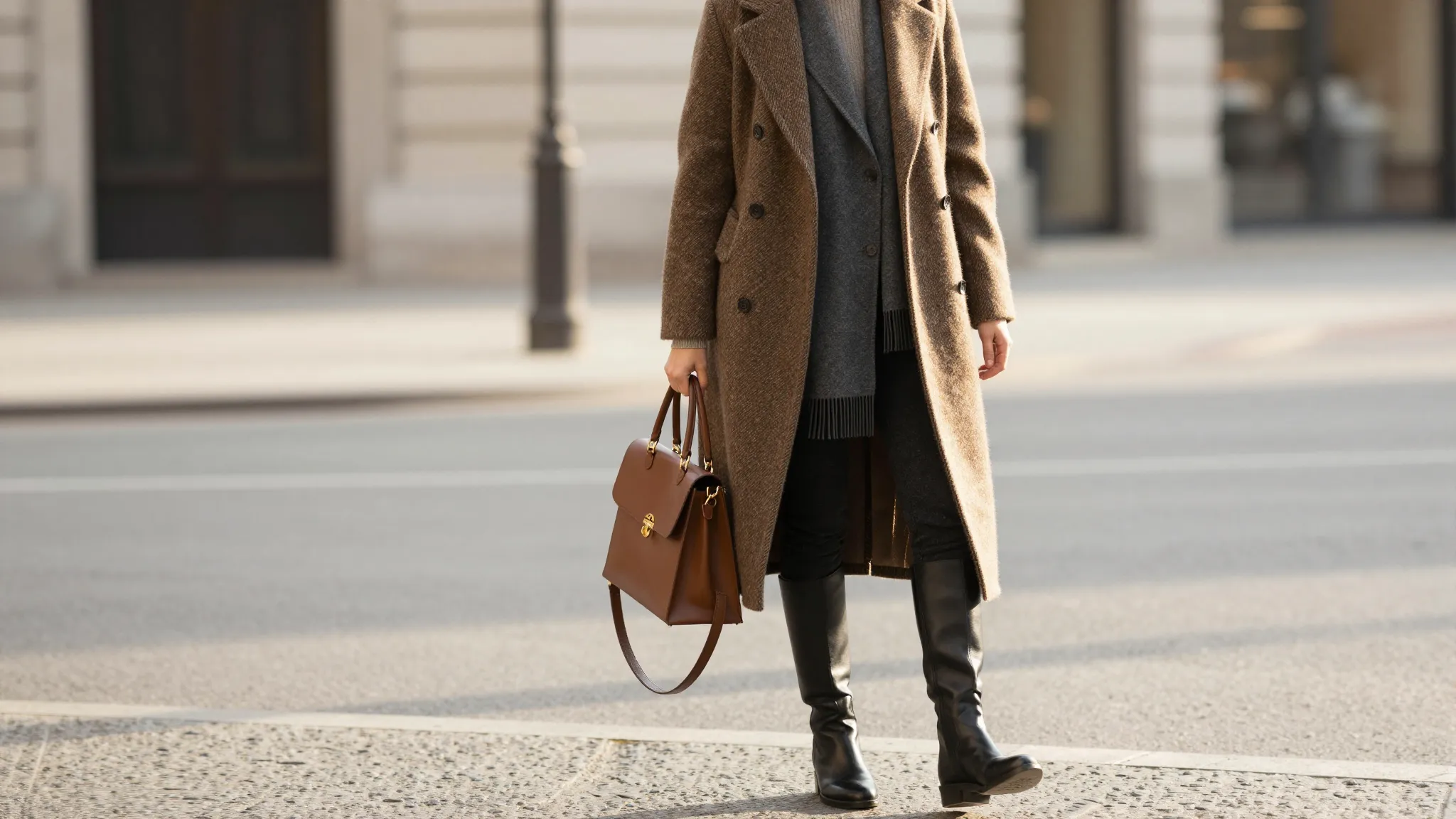 A fashionable person walking on a city street wearing elegan...