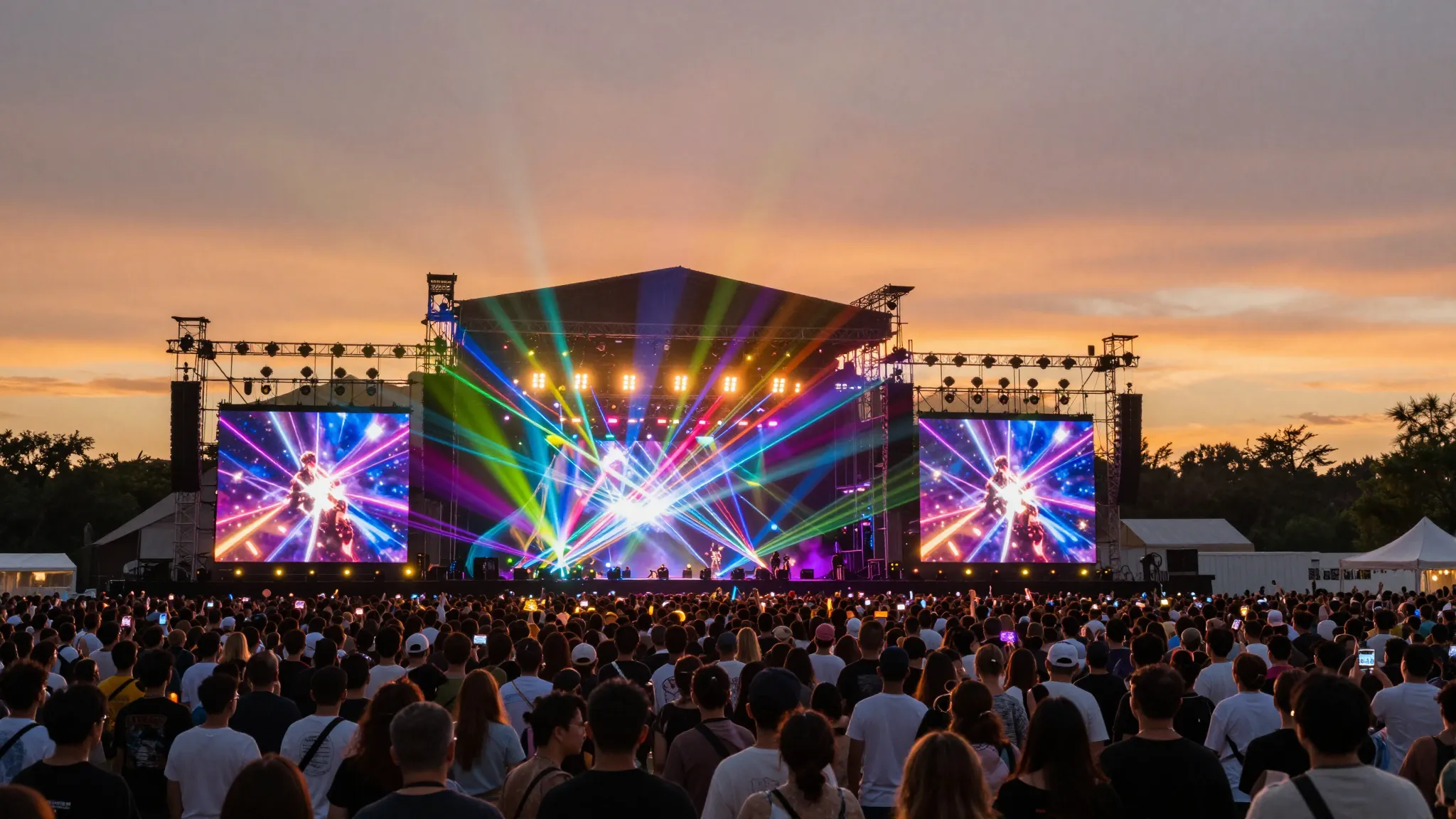 A vibrant, high-energy photo of a massive concert stage at s...