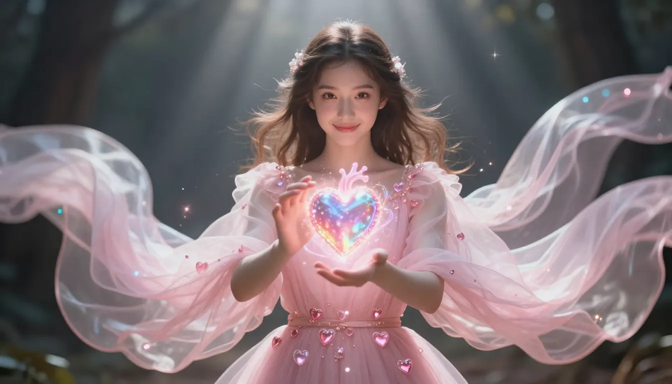 A beautiful young woman standing in radiant, gentle rays of ...