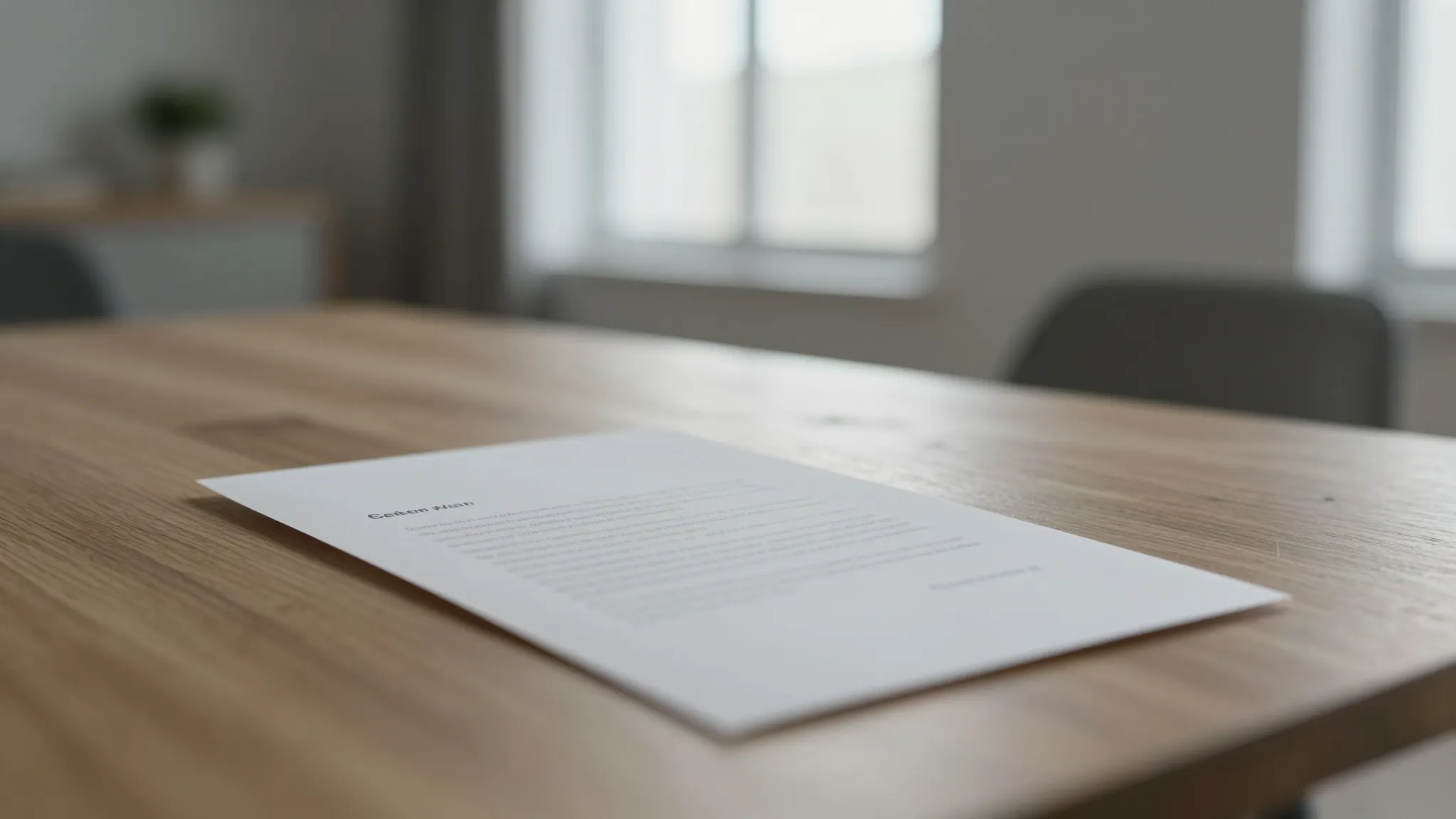 A modern minimalist interior, a letter lying on a wooden tab...
