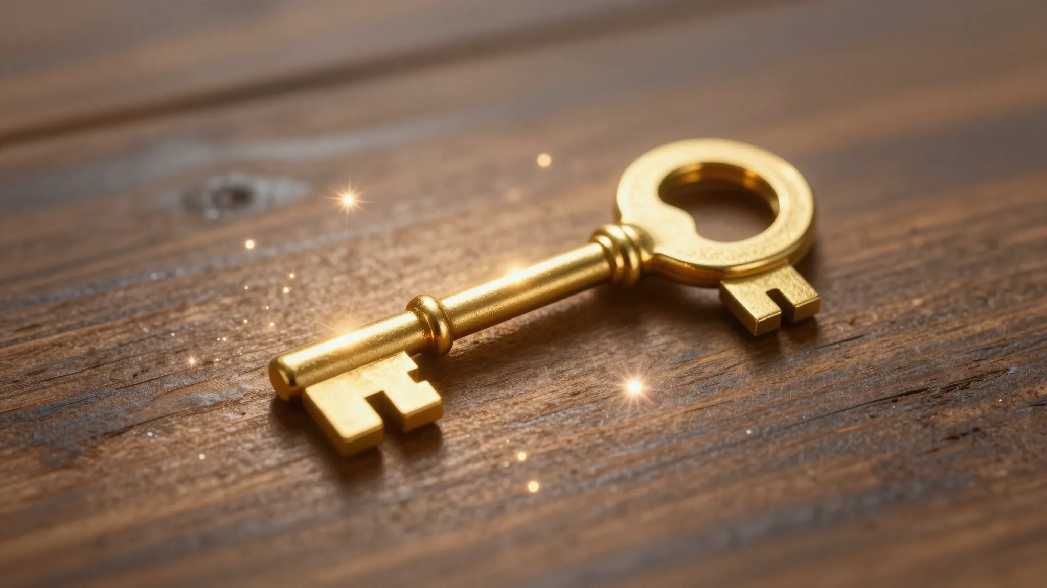 A golden key glowing with magical light on a wooden table, s...