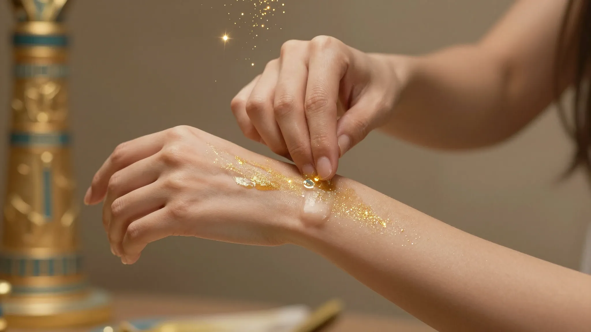 A close-up of female hands applying shimmering oil to the wr...