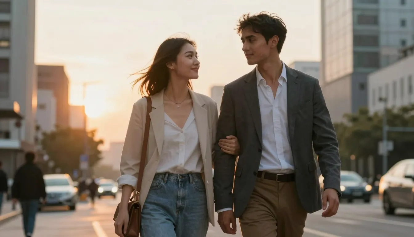 A stylish couple walking together in a city at sunset, soft ...