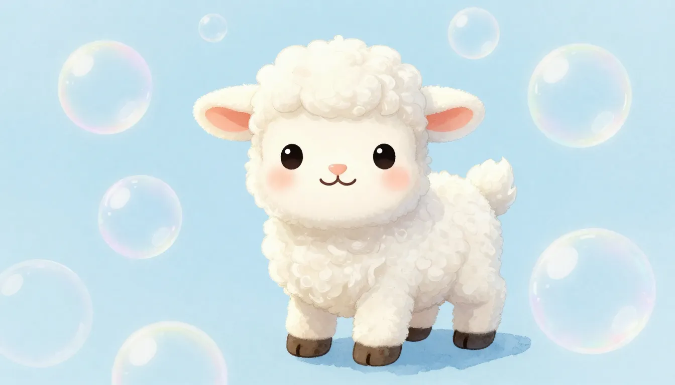 A cute fluffy white lamb surrounded by soft soap bubbles, pa...