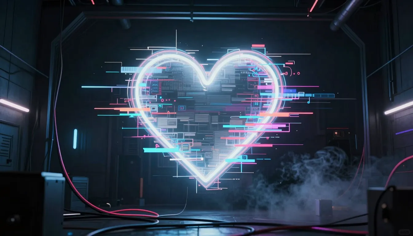 Cinematic cover art for a dark pop single, a glowing heart-s...