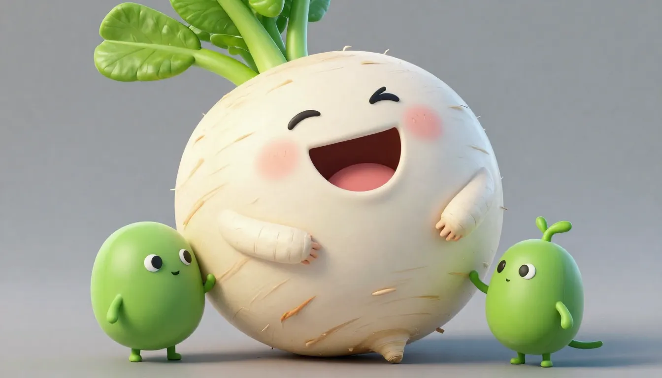 A round, strong white turnip being playfully patted on the b...