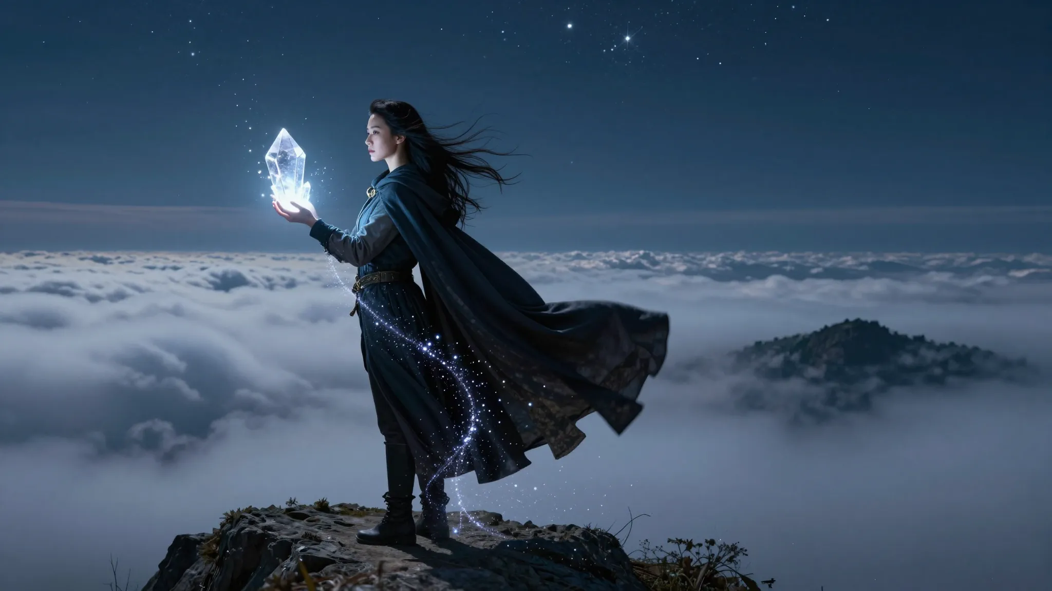 Photorealistic cinematic shot of a woman standing on a high ...