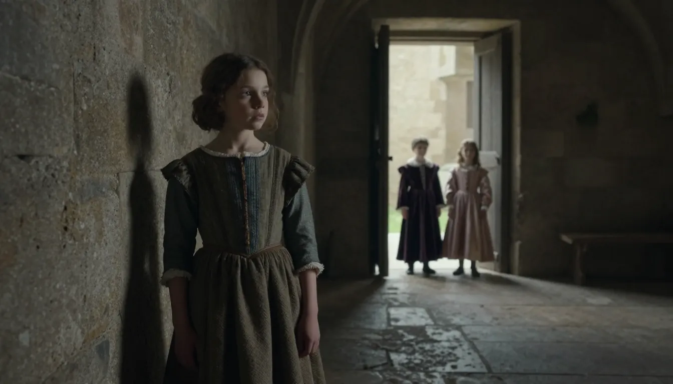 A raw, atmospheric 16th-century French scene. A young girl i...