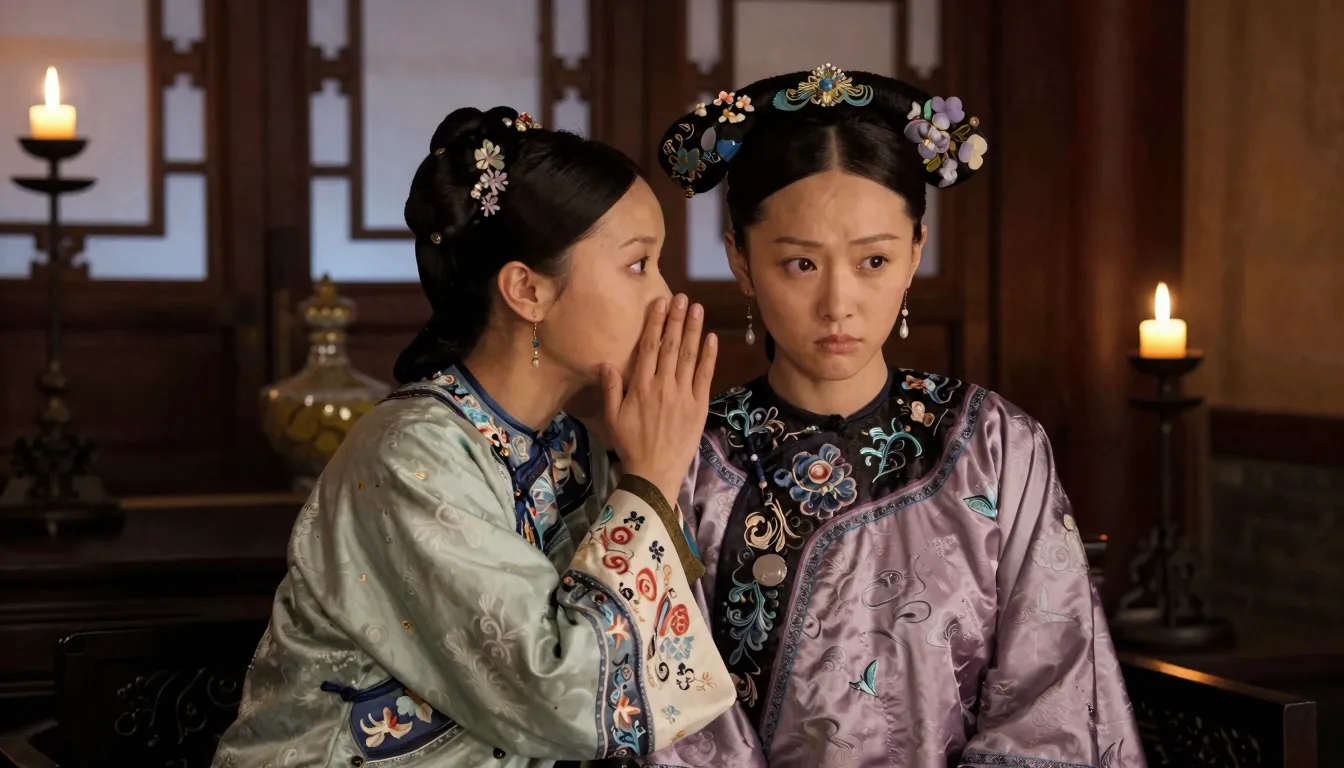 Two Chinese sisters in a traditional room, one whispering in...