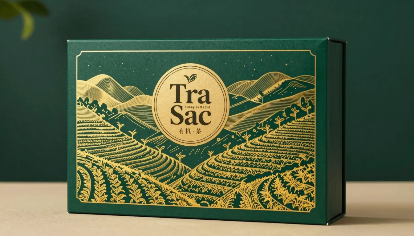 Luxury packaging design for 'Tra Sac' organic tea, featuring...
