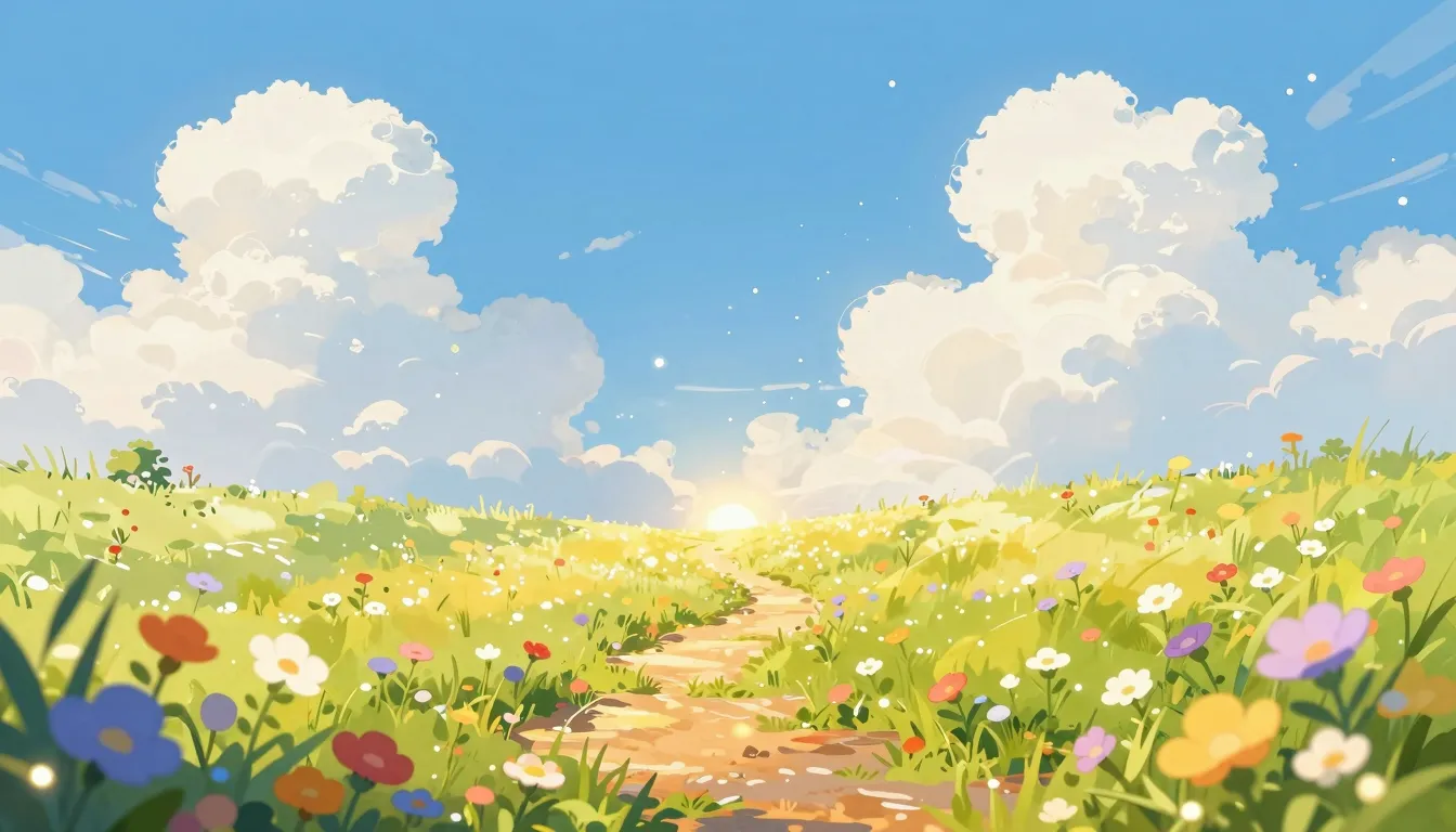 A bright and cheerful illustration of a sunny meadow with co...
