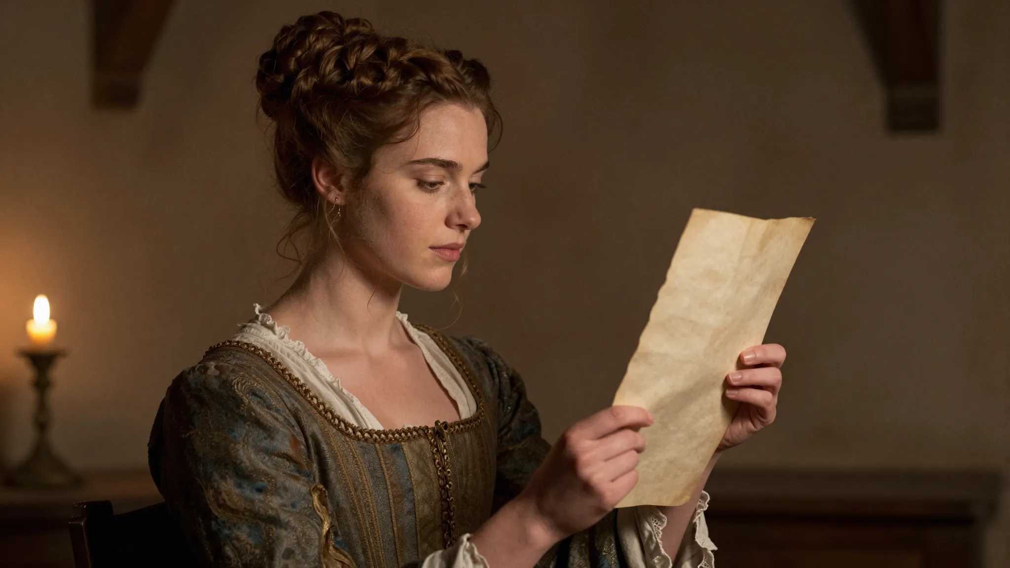 A beautiful young woman in 16th-century French peasant dress...