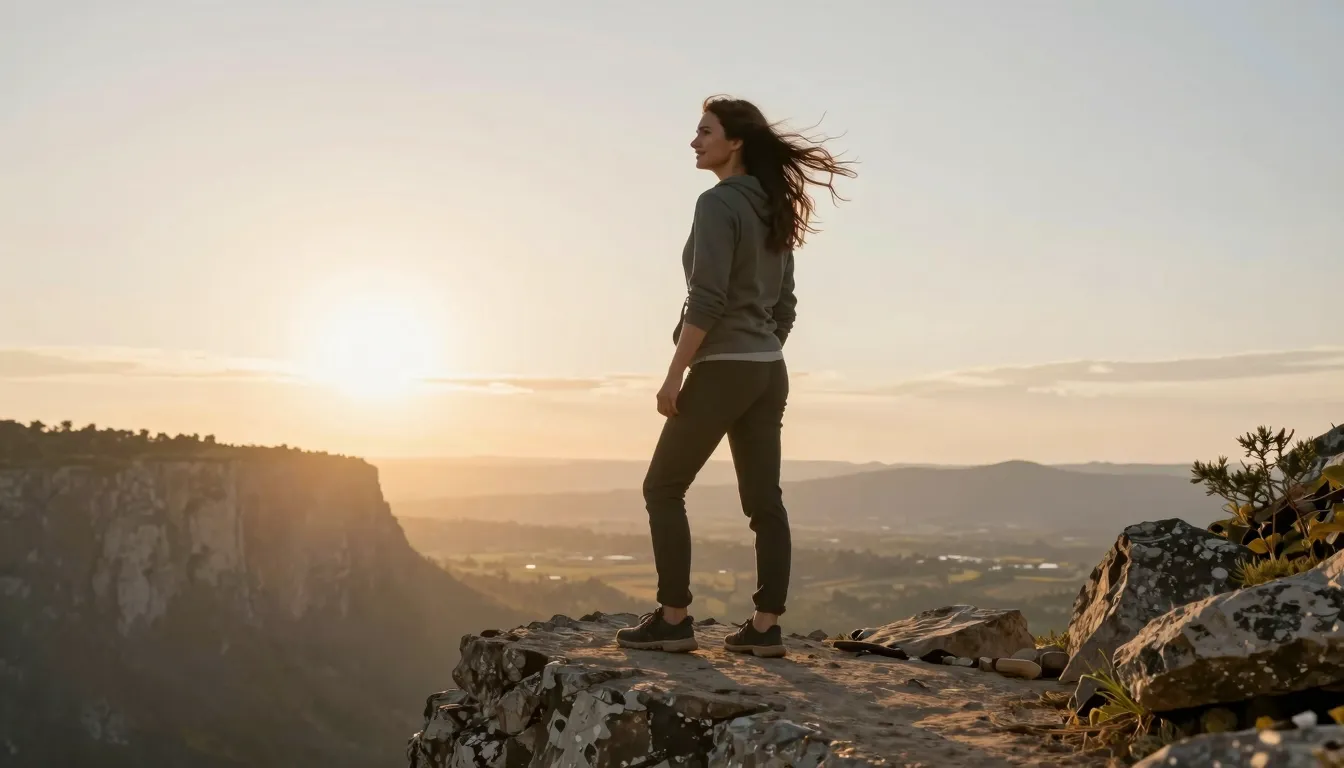 A courageous woman standing on a high cliff edge at sunrise,...