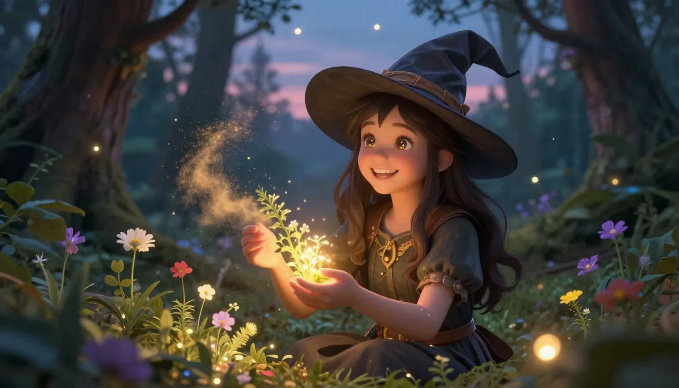 A cheerful and kind young witch with a radiant smile, surrou...