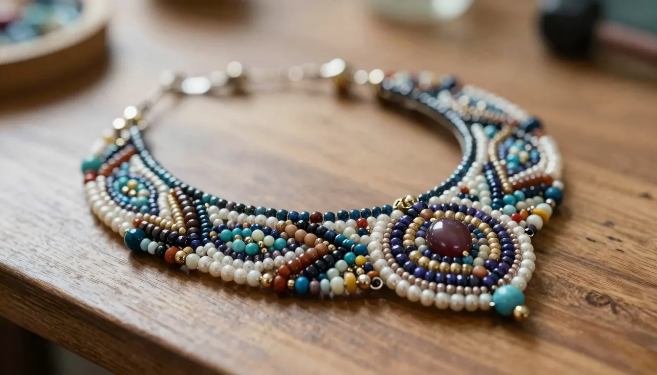 A close-up artistic photo of intricate beadwork jewelry on a...