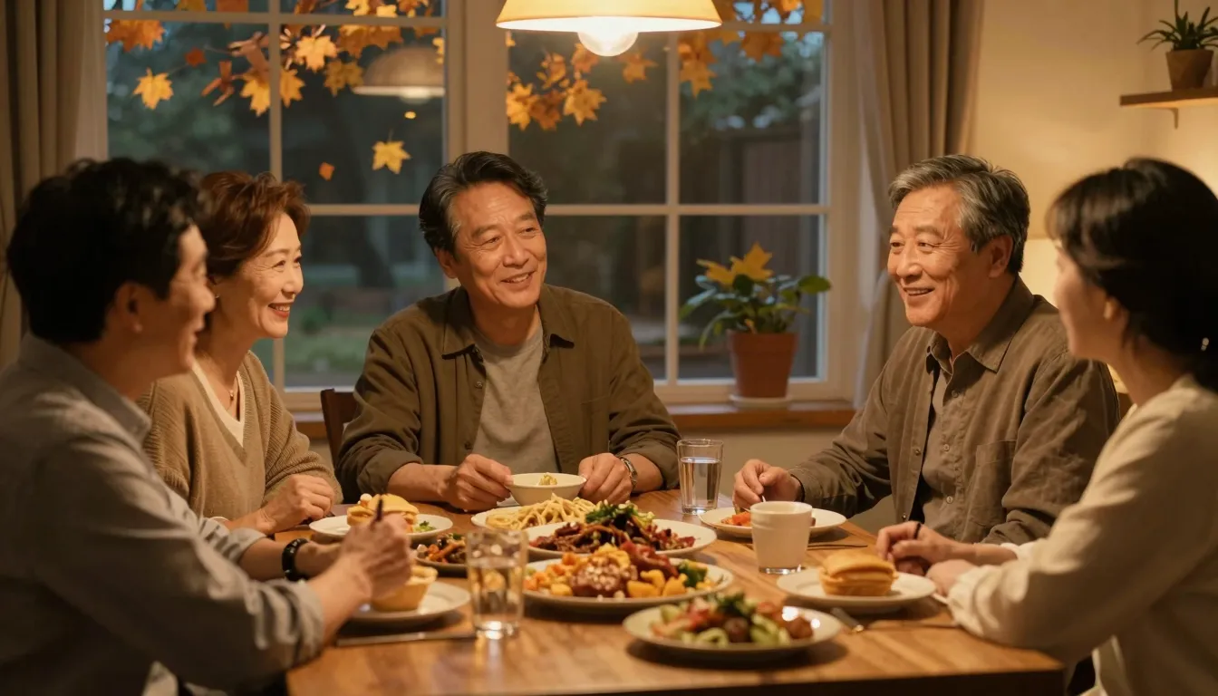A cozy evening gathering of middle-aged friends, warm golden...